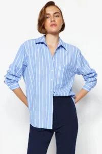 TRENDYOLMİLLA Mavi Striped with pocket Oversized/Wide Pattern Weaving Shirt