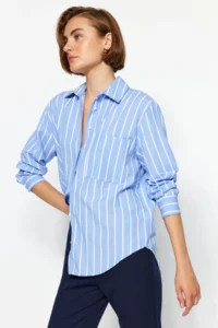 TRENDYOLMİLLA Mavi Striped with pocket Oversized/Wide Pattern Weaving Shirt - Image 2