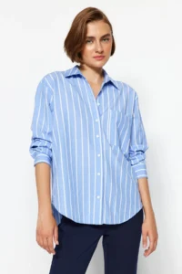 TRENDYOLMİLLA Mavi Striped with pocket Oversized/Wide Pattern Weaving Shirt - Image 3