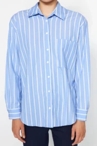 TRENDYOLMİLLA Mavi Striped with pocket Oversized/Wide Pattern Weaving Shirt - Image 4