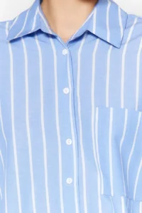TRENDYOLMİLLA Mavi Striped with pocket Oversized/Wide Pattern Weaving Shirt - Image 5