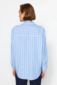 TRENDYOLMİLLA Mavi Striped with pocket Oversized/Wide Pattern Weaving Shirt - Image 6