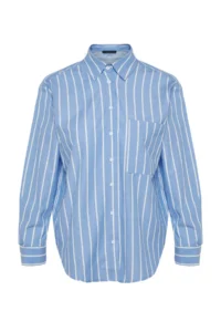 TRENDYOLMİLLA Mavi Striped with pocket Oversized/Wide Pattern Weaving Shirt - Image 7