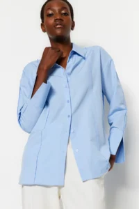 TRENDYOLMİLLA Light Blue Rib Detailed Sleeves Slit Oversized Wide Cut Weaving Shirt