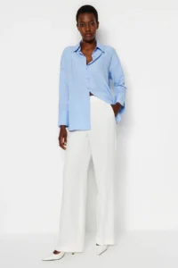 TRENDYOLMİLLA Light Blue Rib Detailed Sleeves Slit Oversized Wide Cut Weaving Shirt - Image 2