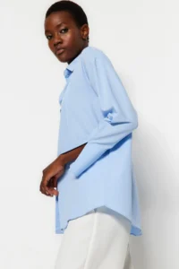 TRENDYOLMİLLA Light Blue Rib Detailed Sleeves Slit Oversized Wide Cut Weaving Shirt - Image 3