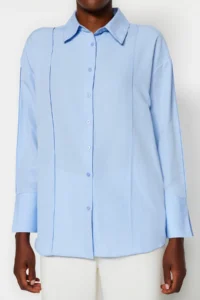 TRENDYOLMİLLA Light Blue Rib Detailed Sleeves Slit Oversized Wide Cut Weaving Shirt - Image 4