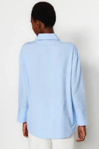 TRENDYOLMİLLA Light Blue Rib Detailed Sleeves Slit Oversized Wide Cut Weaving Shirt - Image 6