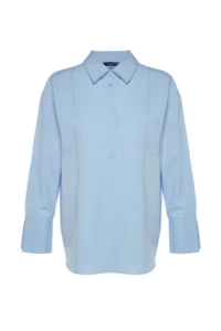 TRENDYOLMİLLA Light Blue Rib Detailed Sleeves Slit Oversized Wide Cut Weaving Shirt - Image 7