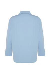 TRENDYOLMİLLA Light Blue Rib Detailed Sleeves Slit Oversized Wide Cut Weaving Shirt - Image 9