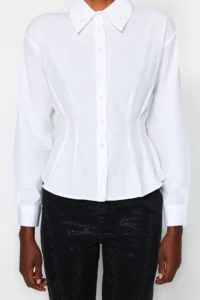 TRENDYOLMİLLA Ecru Fitted Bele Oturan Cotton Weaving Shirt - Image 4