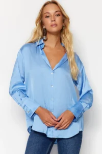 TRENDYOLMİLLA Mavi Oversized/Wide Pattern Satin Weaving Shirt - Image 2