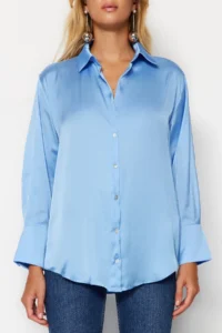 TRENDYOLMİLLA Mavi Oversized/Wide Pattern Satin Weaving Shirt - Image 5