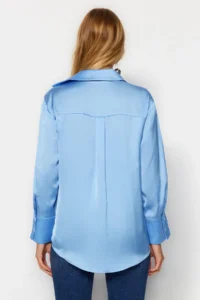 TRENDYOLMİLLA Mavi Oversized/Wide Pattern Satin Weaving Shirt - Image 7