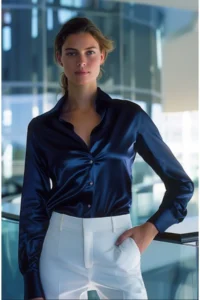 TRENDYOLMİLLA Navy Blue Oversized/Wide Pattern Satin Weaving Shirt