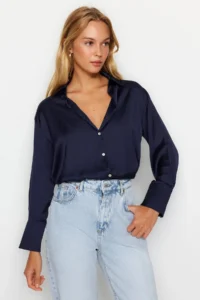 TRENDYOLMİLLA Navy Blue Oversized/Wide Pattern Satin Weaving Shirt - Image 4