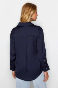 TRENDYOLMİLLA Navy Blue Oversized/Wide Pattern Satin Weaving Shirt - Image 6