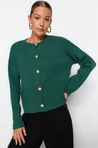 TRENDYOLMİLLA Green Button Detailed Jacket Look Knitwear Cardigan