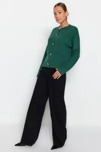 TRENDYOLMİLLA Green Button Detailed Jacket Look Knitwear Cardigan - Image 3