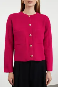 TRENDYOLMİLLA Fuchsia Button Detailed Jacket Look Knitwear Cardigan - Image 3