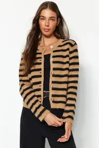 TRENDYOLMİLLA Camel Soft textured Striped Jacket Look Knitwear Cardigan - Image 2