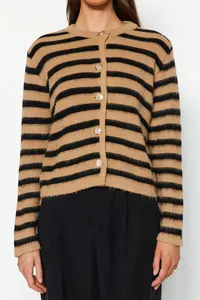 TRENDYOLMİLLA Camel Soft textured Striped Jacket Look Knitwear Cardigan - Image 4