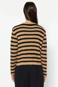 TRENDYOLMİLLA Camel Soft textured Striped Jacket Look Knitwear Cardigan - Image 5