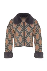 TRENDYOLMİLLA Beige Removable Faux Fur Glitter Crop Knitwear Cardigan - Image 5