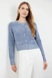 TRENDYOLMİLLA Mavi Crop Premium Yarn/Special Yarn Pocket Detail Knitwear Cardigan