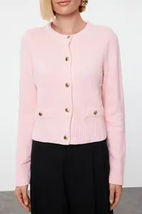 TRENDYOLMİLLA Pink Crop Premium Yarn/Special Yarn Pocket Detail Knitwear Cardigan - Image 3