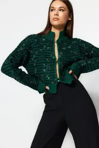 TRENDYOLMİLLA Green Soft textured gradient Knitwear Cardigan