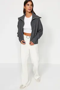 TRENDYOLMİLLA anthracite Wide Pattern Turndown collar Zippered Knitwear Cardigan - Image 2
