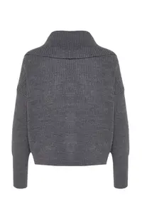 TRENDYOLMİLLA anthracite Wide Pattern Turndown collar Zippered Knitwear Cardigan - Image 8