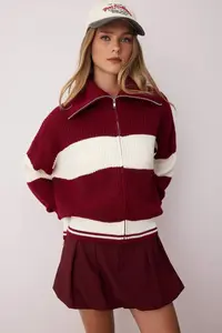 TRENDYOLMİLLA Burgundy*001 Wide Pattern Striped Turndown collar Zippered Knitwear Cardigan