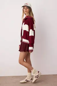 TRENDYOLMİLLA Burgundy*001 Wide Pattern Striped Turndown collar Zippered Knitwear Cardigan - Image 2