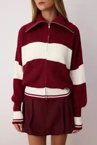 TRENDYOLMİLLA Burgundy*001 Wide Pattern Striped Turndown collar Zippered Knitwear Cardigan - Image 3