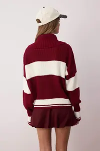 TRENDYOLMİLLA Burgundy*001 Wide Pattern Striped Turndown collar Zippered Knitwear Cardigan - Image 4