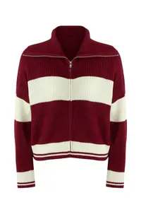 TRENDYOLMİLLA Burgundy*001 Wide Pattern Striped Turndown collar Zippered Knitwear Cardigan - Image 5