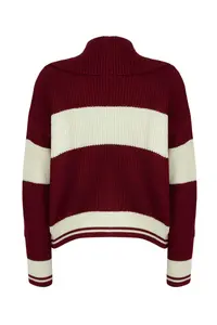 TRENDYOLMİLLA Burgundy*001 Wide Pattern Striped Turndown collar Zippered Knitwear Cardigan - Image 7