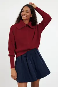 TRENDYOLMİLLA Burgundy Wide Pattern Turndown collar Zippered Knitwear Cardigan