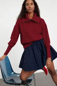 TRENDYOLMİLLA Burgundy Wide Pattern Turndown collar Zippered Knitwear Cardigan - Image 2