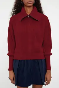 TRENDYOLMİLLA Burgundy Wide Pattern Turndown collar Zippered Knitwear Cardigan - Image 3