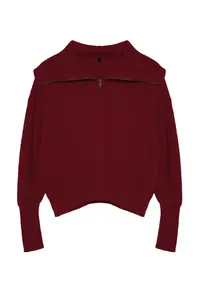 TRENDYOLMİLLA Burgundy Wide Pattern Turndown collar Zippered Knitwear Cardigan - Image 6