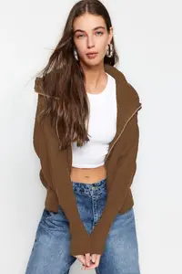 TRENDYOLMİLLA Light Brown Wide Pattern Turndown collar Zippered Knitwear Cardigan - Image 3