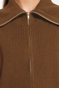 TRENDYOLMİLLA Light Brown Wide Pattern Turndown collar Zippered Knitwear Cardigan - Image 5