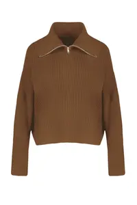 TRENDYOLMİLLA Light Brown Wide Pattern Turndown collar Zippered Knitwear Cardigan - Image 7