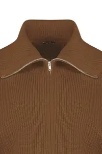 TRENDYOLMİLLA Light Brown Wide Pattern Turndown collar Zippered Knitwear Cardigan - Image 8