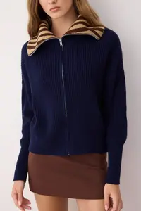 TRENDYOLMİLLA Navy Blue*002 Wide Pattern Leopard Patterned Turndown collar Zippered Knitwear Cardigan - Image 3