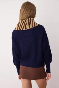 TRENDYOLMİLLA Navy Blue*002 Wide Pattern Leopard Patterned Turndown collar Zippered Knitwear Cardigan - Image 4