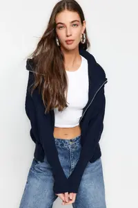 TRENDYOLMİLLA Navy Blue Wide Pattern Turndown collar Zippered Knitwear Cardigan - Image 3